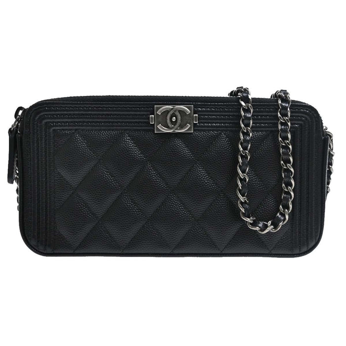 Chanel Boy Double Zip Clutch in Pelle di Vitello Nero Vintage