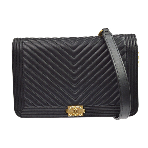 Chanel Boy Wallet on Chain in Pelle di Agnello Chevron Nero Vintage