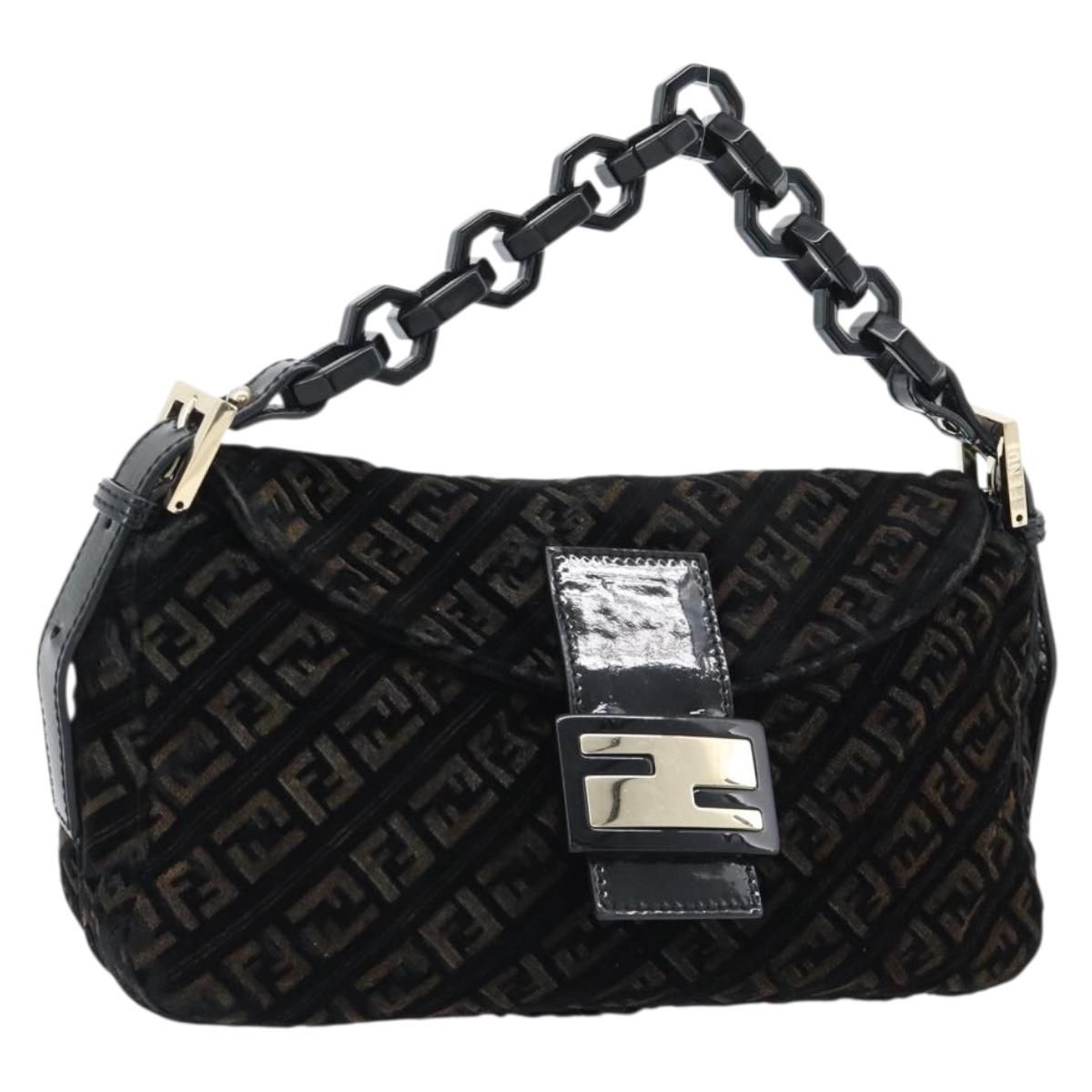 FENDI Zucchino Canvas Chain Baguette Bag Velluto Nero Originale | Oro