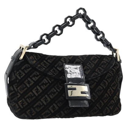 FENDI Zucchino Canvas Chain Baguette Bag Velluto Nero Originale | Oro