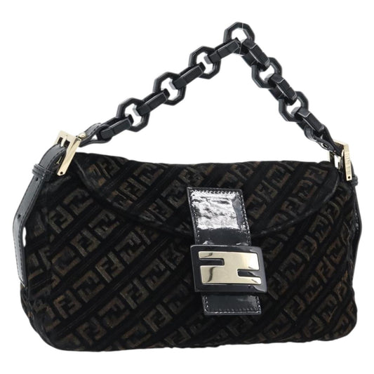 FENDI Zucchino Canvas Chain Baguette Bag Velluto Nero Originale | Oro