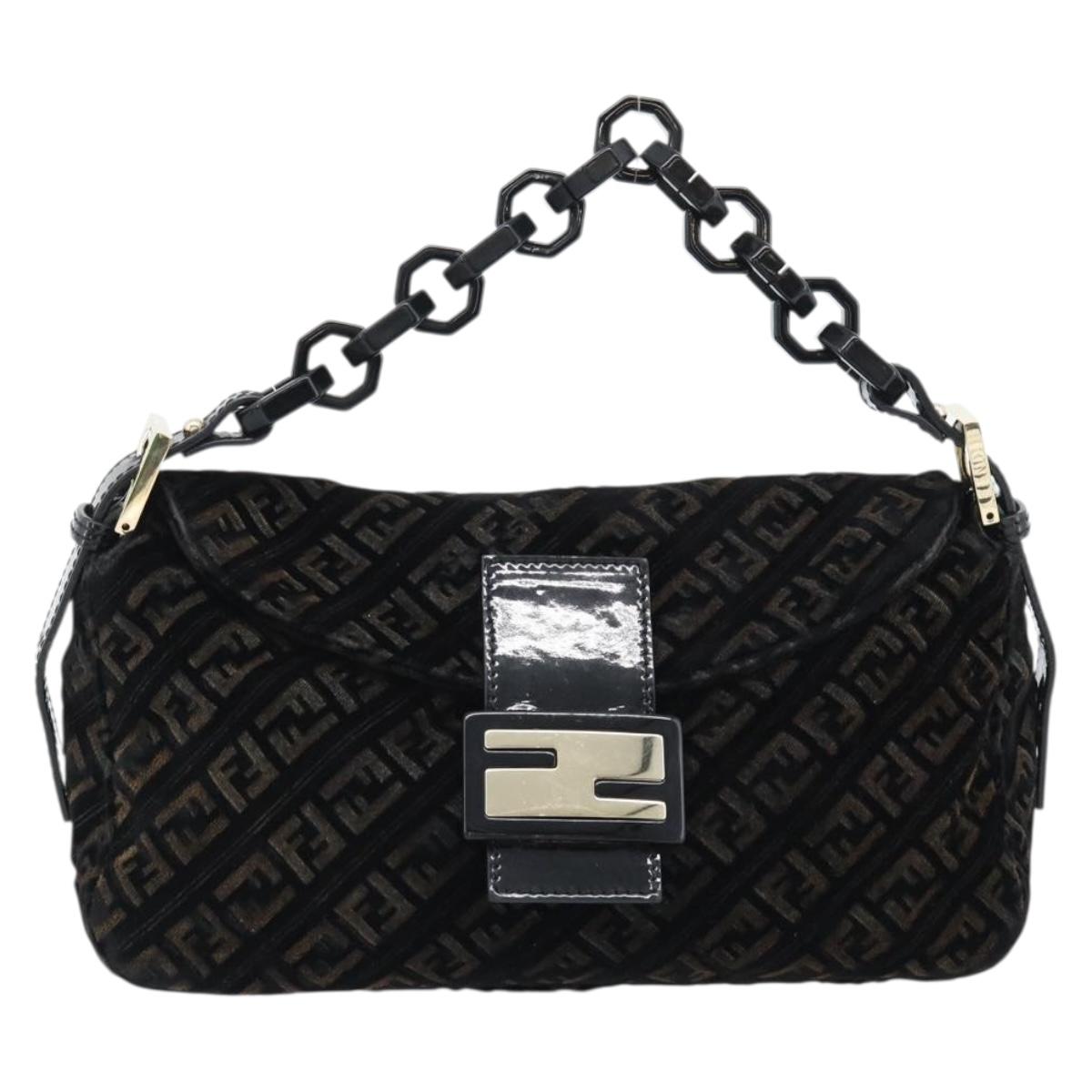 FENDI Zucchino Canvas Chain Baguette Bag Velluto Nero Originale | Oro