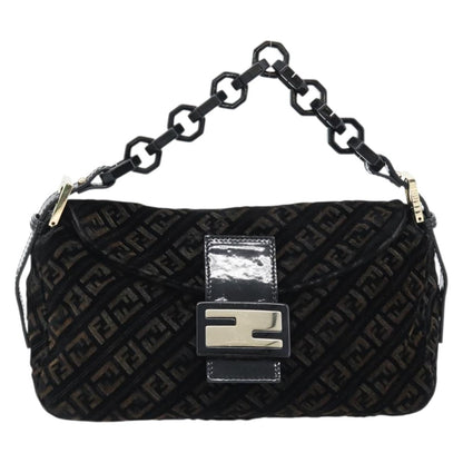 FENDI Zucchino Canvas Chain Baguette Bag Velluto Nero Originale | Oro