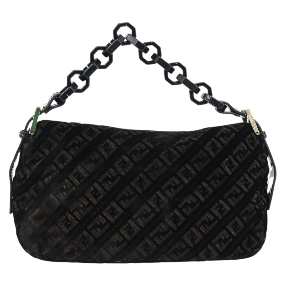 FENDI Zucchino Canvas Chain Baguette Bag Velluto Nero Originale | Oro