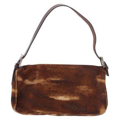 FENDI Mamma Baguette Shoulder Bag Harako Leather Brown Silver Auth 185431SAV