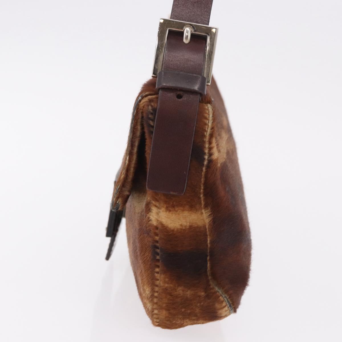FENDI Mamma Baguette Shoulder Bag Harako Leather Brown Silver Auth 185431SAV