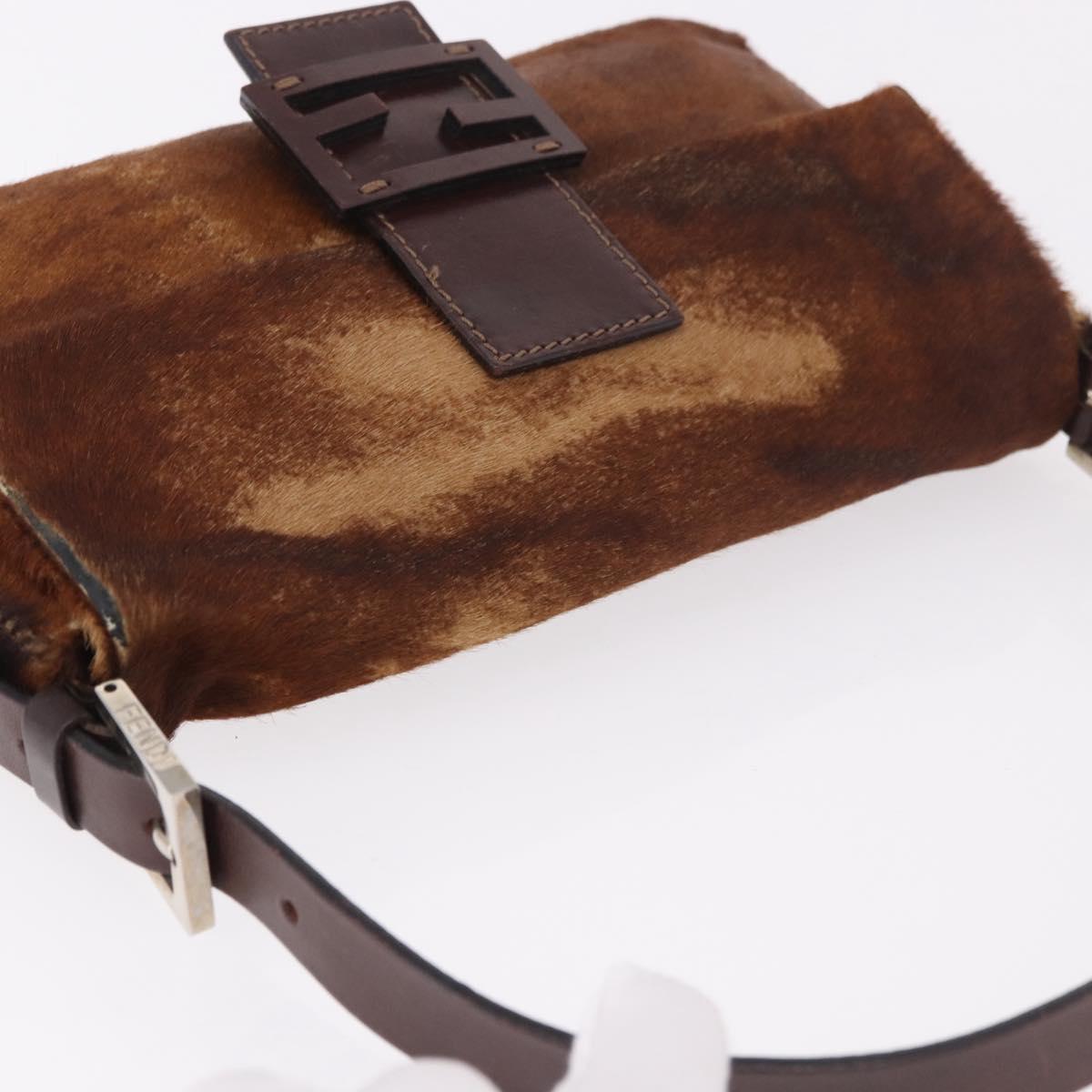 FENDI Mamma Baguette Shoulder Bag Harako Leather Brown Silver Auth 185431SAV