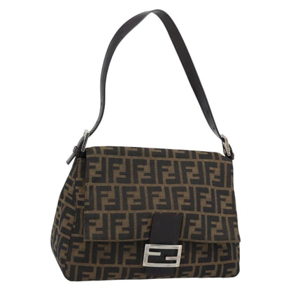 FENDI Zucca Canvas Mamma Baguette Shoulder Bag Brown Silver Auth BA14593V