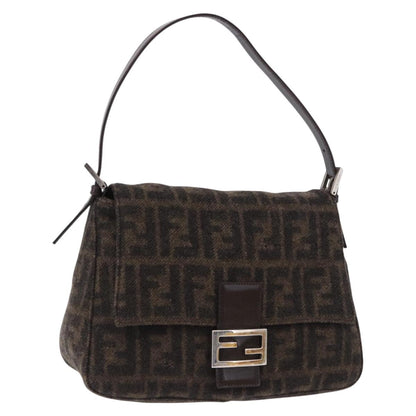 FENDI Zucca Mamma Baguette Shoulder Bag Wool Brown Silver Auth BA14700SAV