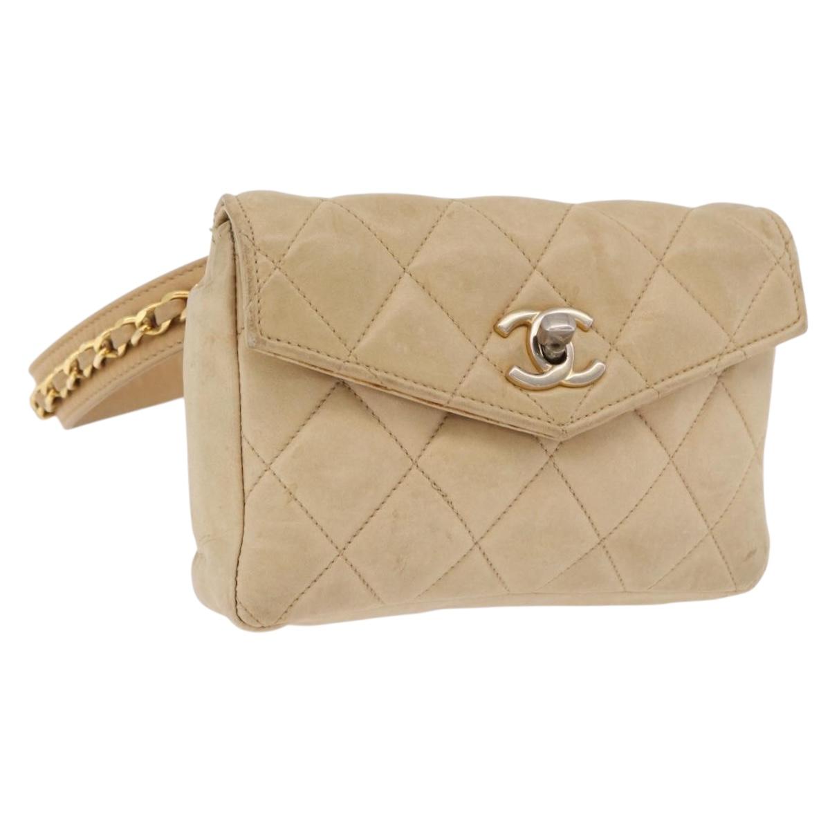 CHANEL Matelasse Waist Bag Lamb Skin Beige Gold CC Auth bs36144