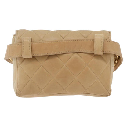 CHANEL Matelasse Waist Bag Lamb Skin Beige Gold CC Auth bs36144