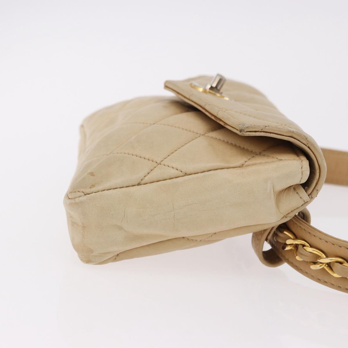 CHANEL Matelasse Waist Bag Lamb Skin Beige Gold CC Auth bs36144