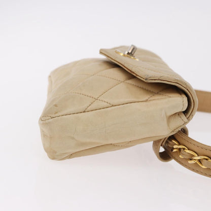 CHANEL Matelasse Waist Bag Lamb Skin Beige Gold CC Auth bs36144
