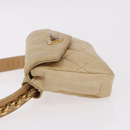 CHANEL Matelasse Waist Bag Lamb Skin Beige Gold CC Auth bs36144