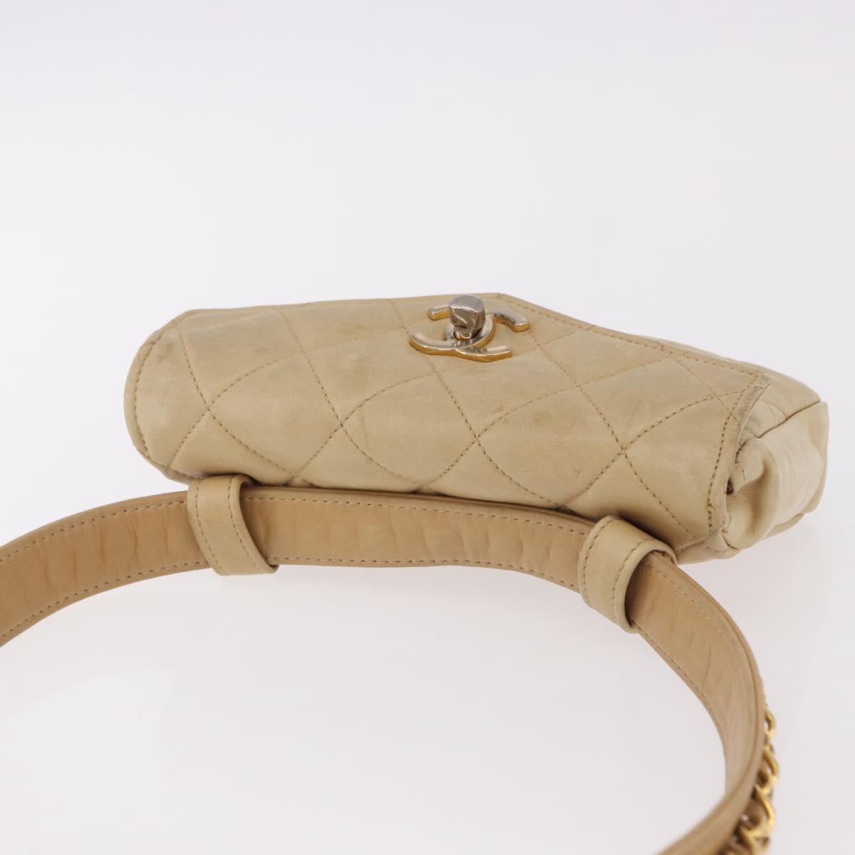 CHANEL Matelasse Waist Bag Lamb Skin Beige Gold CC Auth bs36144
