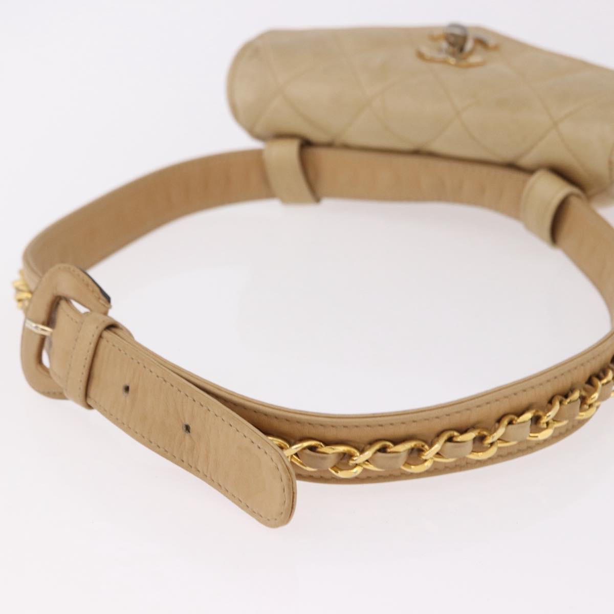 CHANEL Matelasse Waist Bag Lamb Skin Beige Gold CC Auth bs36144