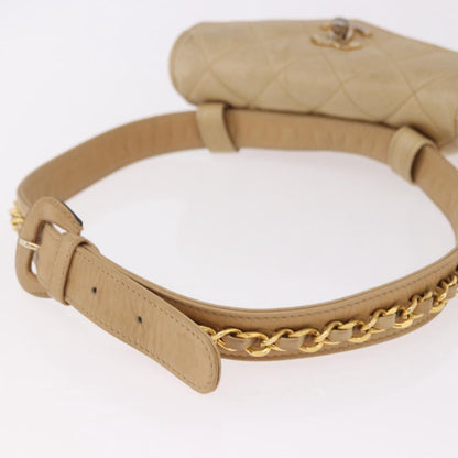 CHANEL Matelasse Waist Bag Lamb Skin Beige Gold CC Auth bs36144