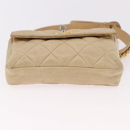 CHANEL Matelasse Waist Bag Lamb Skin Beige Gold CC Auth bs36144