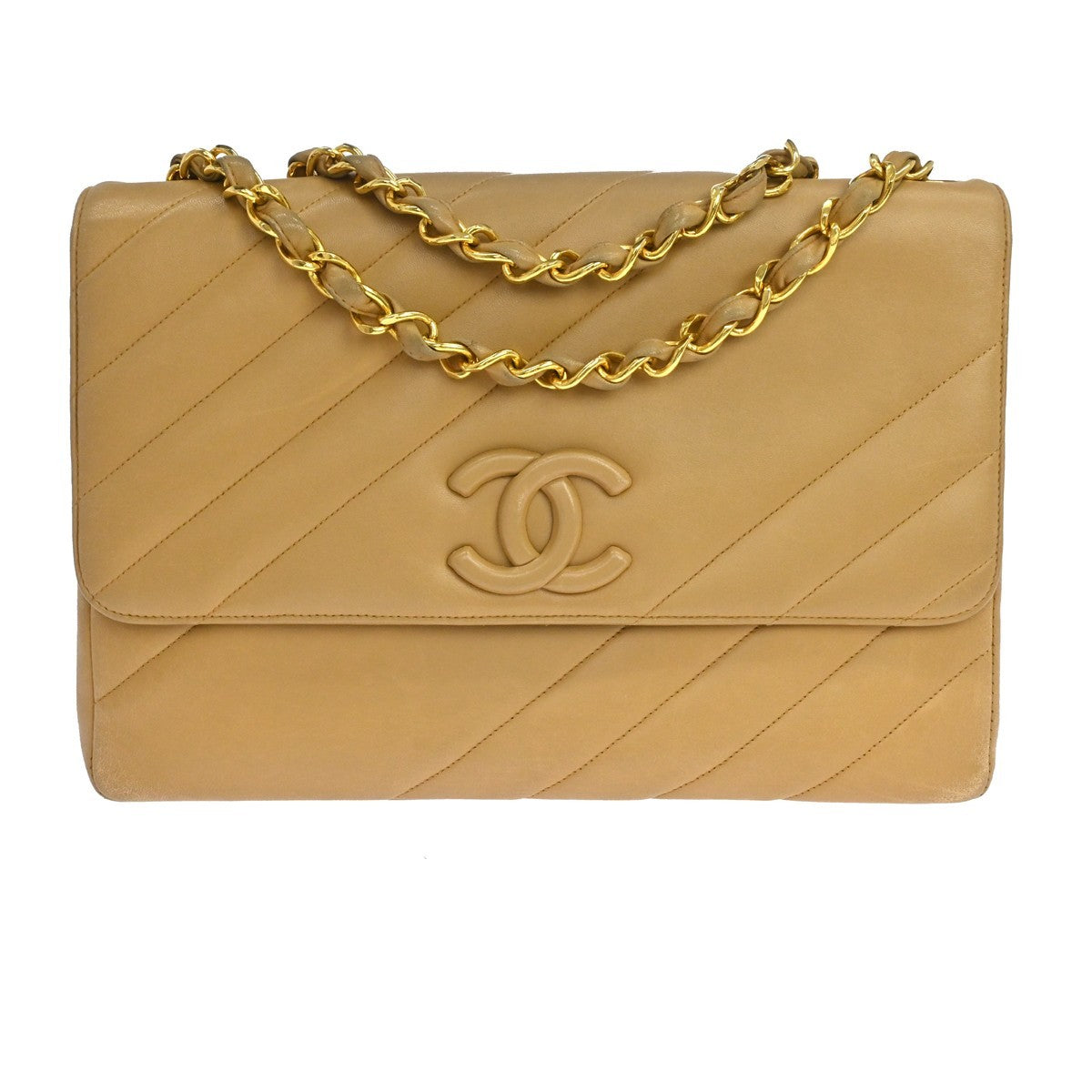 Chanel Bias Stitch Borsa a Spalla Media in Pelle Beige Vintage – foto 1