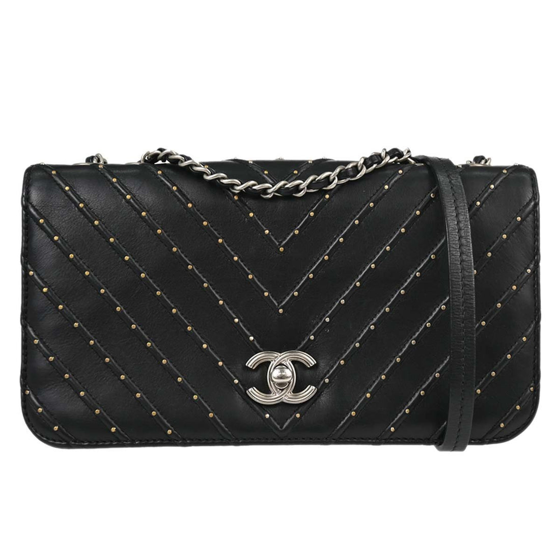Chanel Black Lambskin Chevron Stud Turnlock Small Full Flap Shoulder Bag Vintage