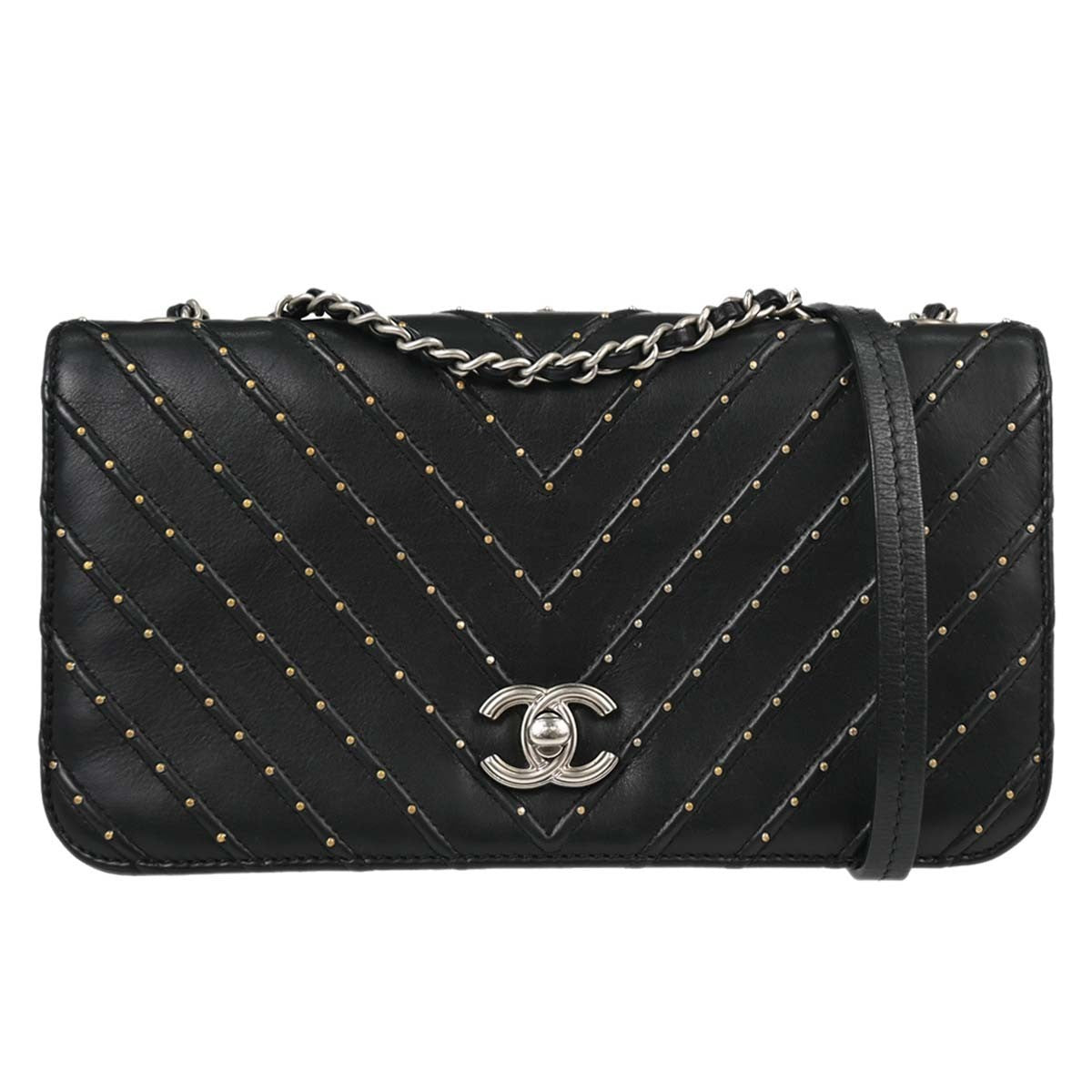 Chanel Black Lambskin Chevron Stud Turnlock Small Full Flap Shoulder Bag Vintage