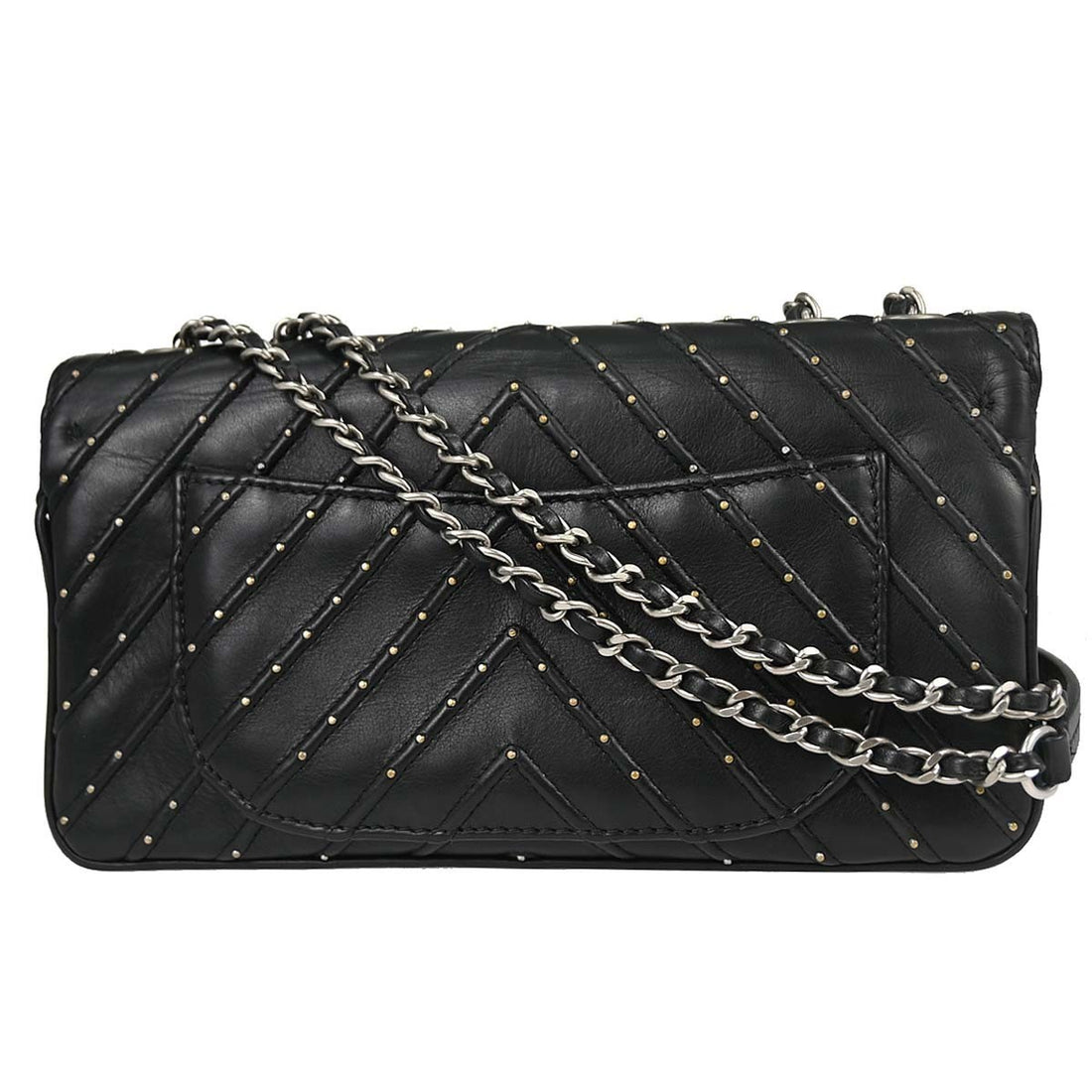 Chanel Black Lambskin Chevron Stud Turnlock Small Full Flap Shoulder Bag Vintage