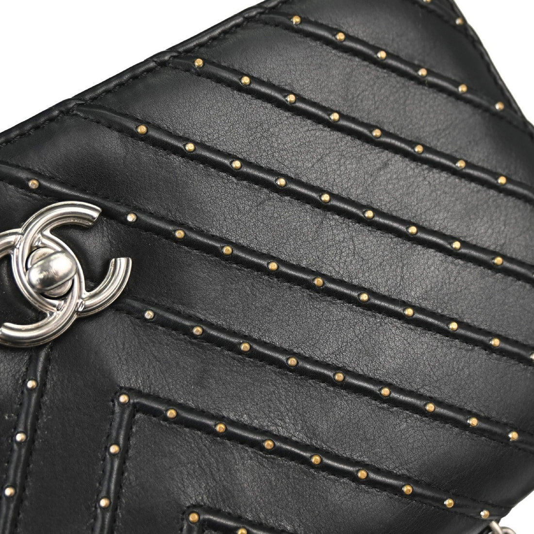 Chanel Black Lambskin Chevron Stud Turnlock Small Full Flap Shoulder Bag Vintage