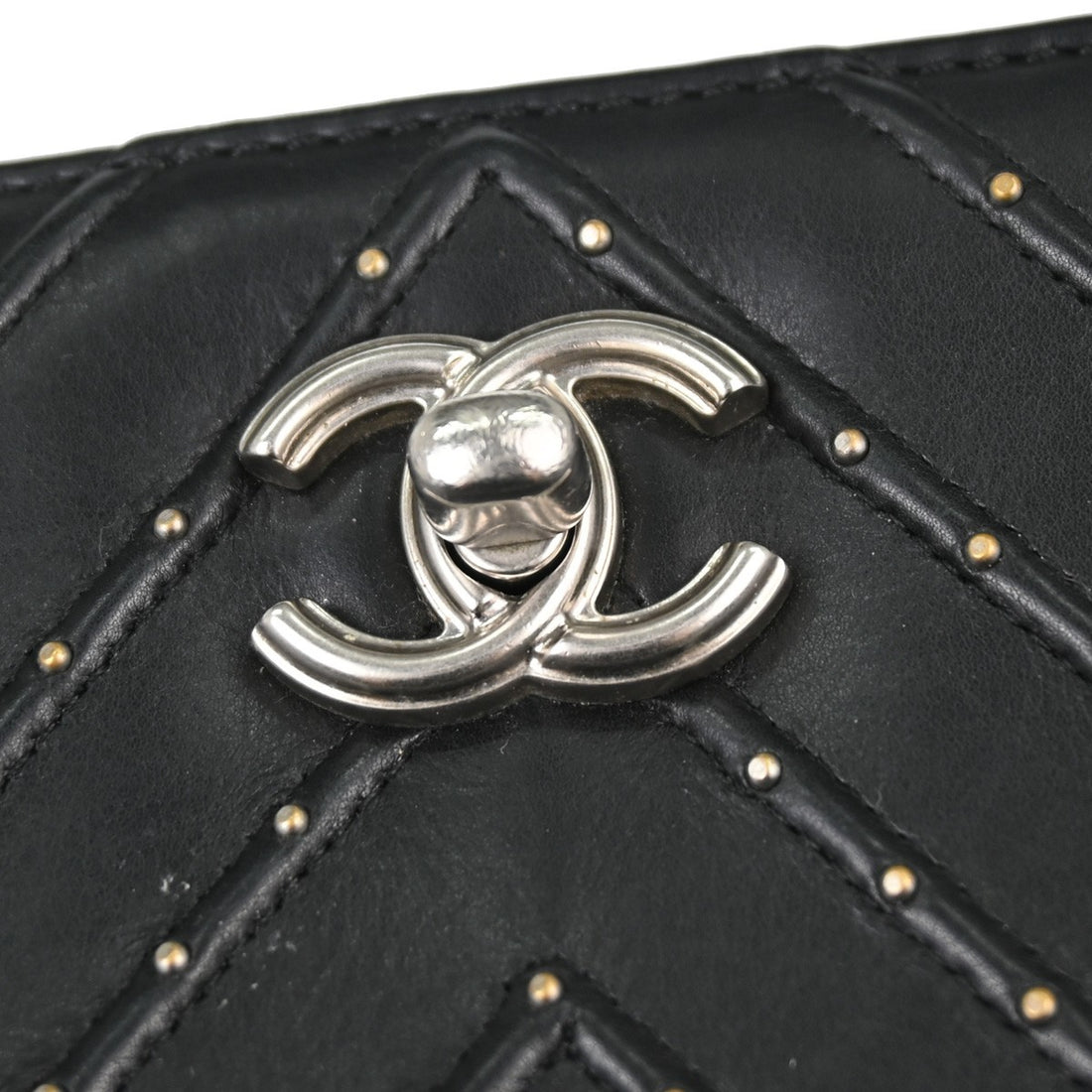 Chanel Black Lambskin Chevron Stud Turnlock Small Full Flap Shoulder Bag Vintage