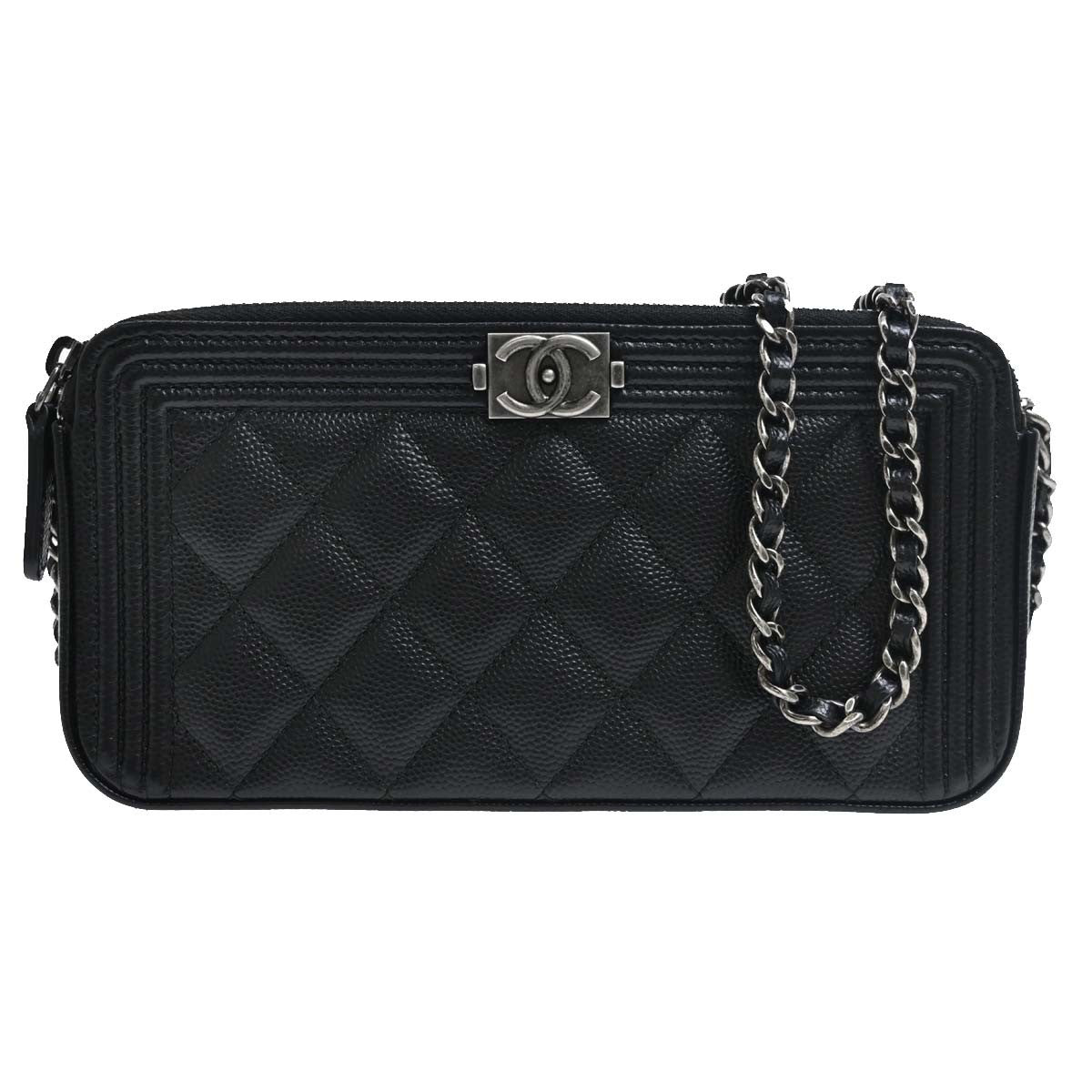 Chanel Boy Double Zip Clutch in Pelle di Vitello Nero Vintage