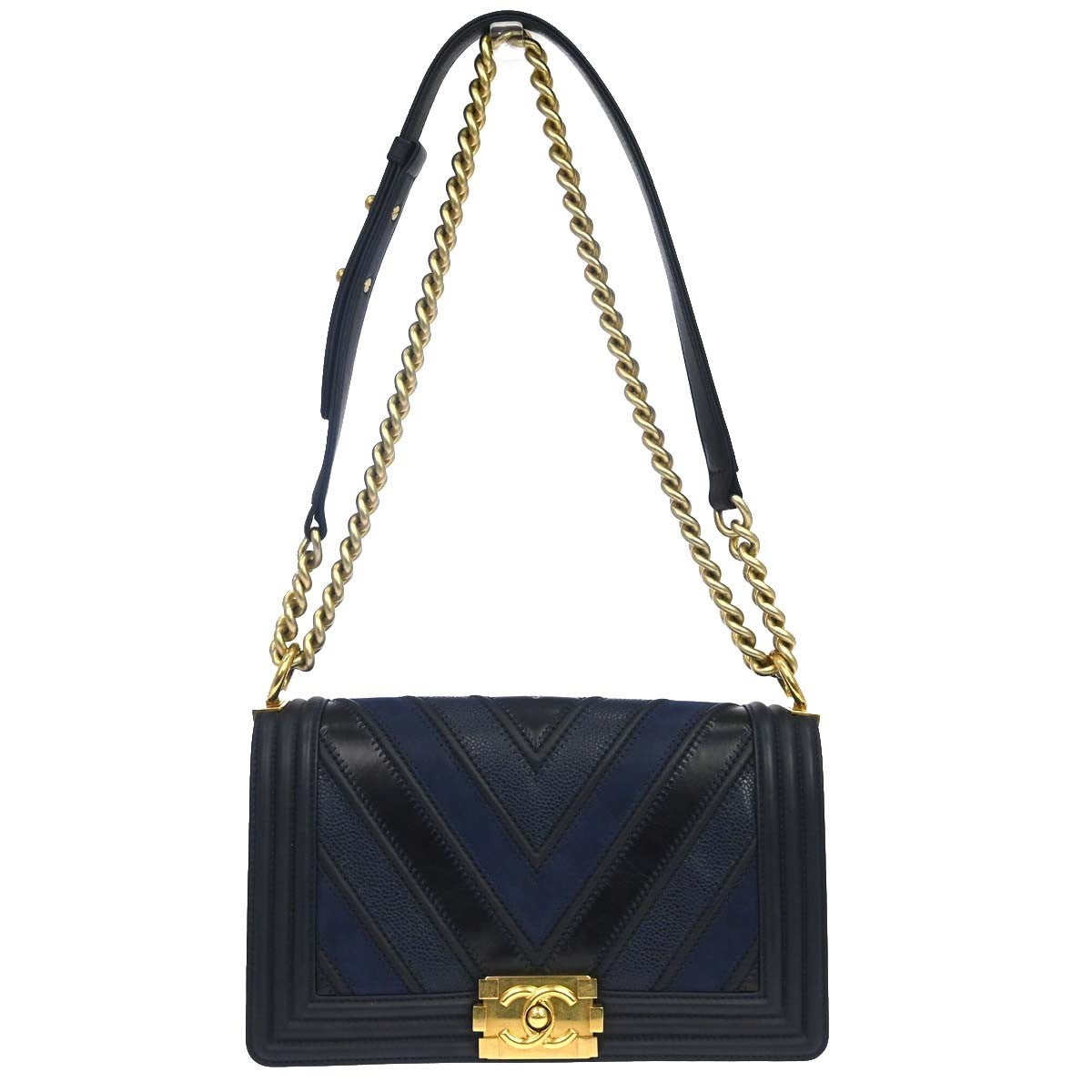 Chanel Boy Medium a Spalla in Pelle di Vitello Nera e Blu Vintage