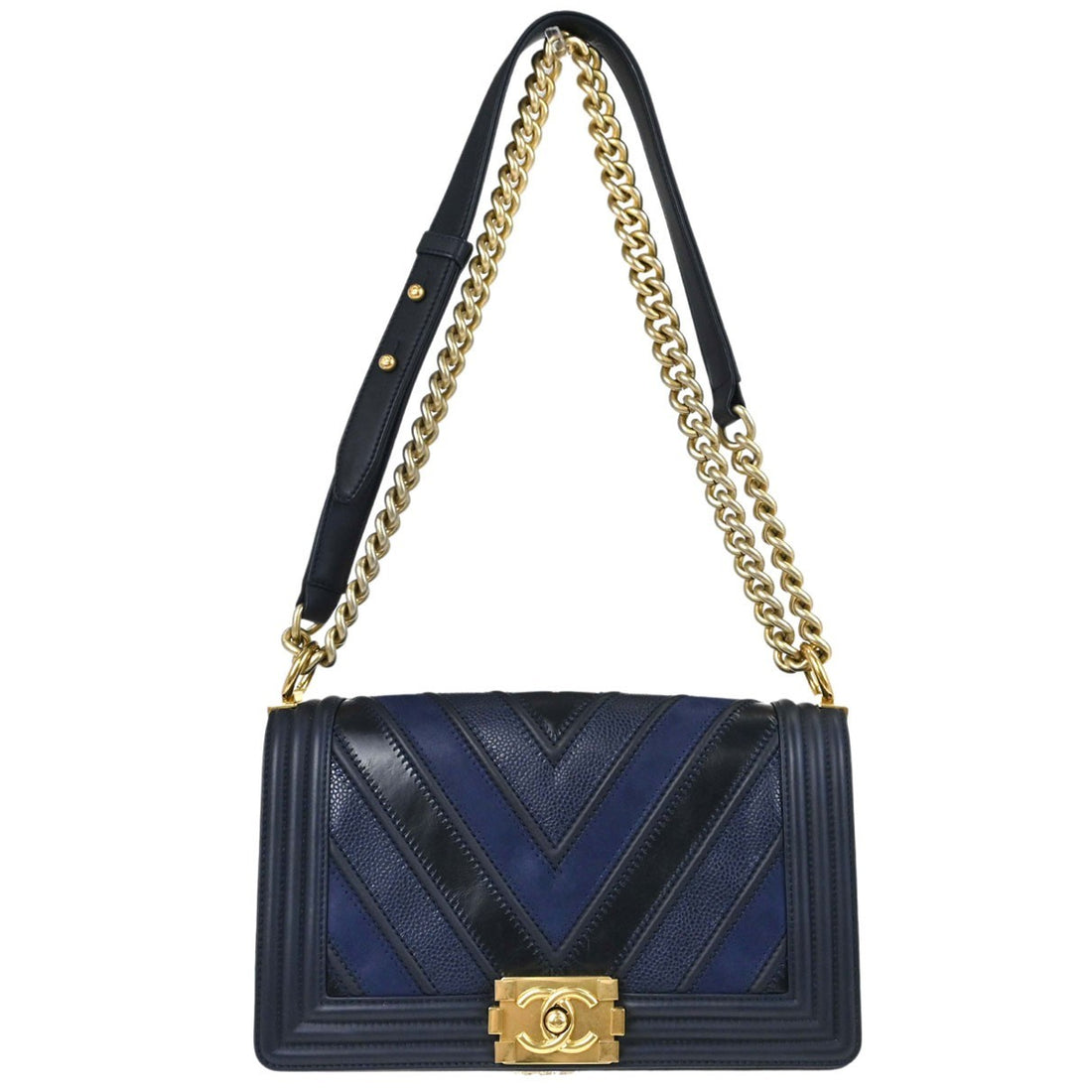 Chanel Boy Medium in Pelle di Vitello Nero e Blu Navy Vintage