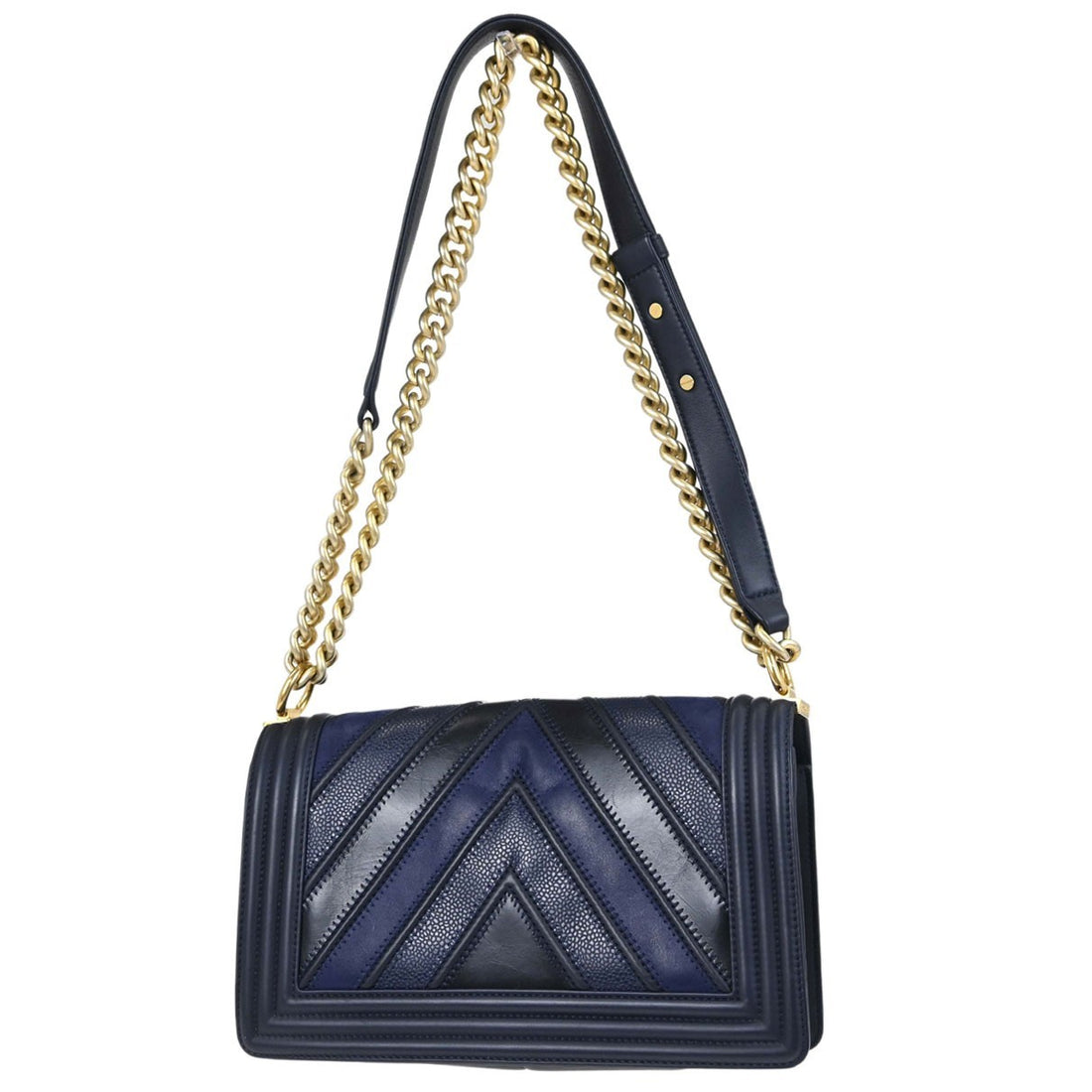 Chanel Boy Medium in Pelle di Vitello Nero e Blu Navy Vintage
