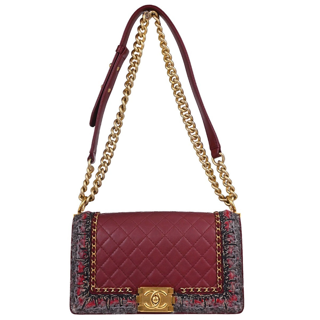 Boy Chanel Red Lambskin Tweed Medium Shoulder Bag Vintage