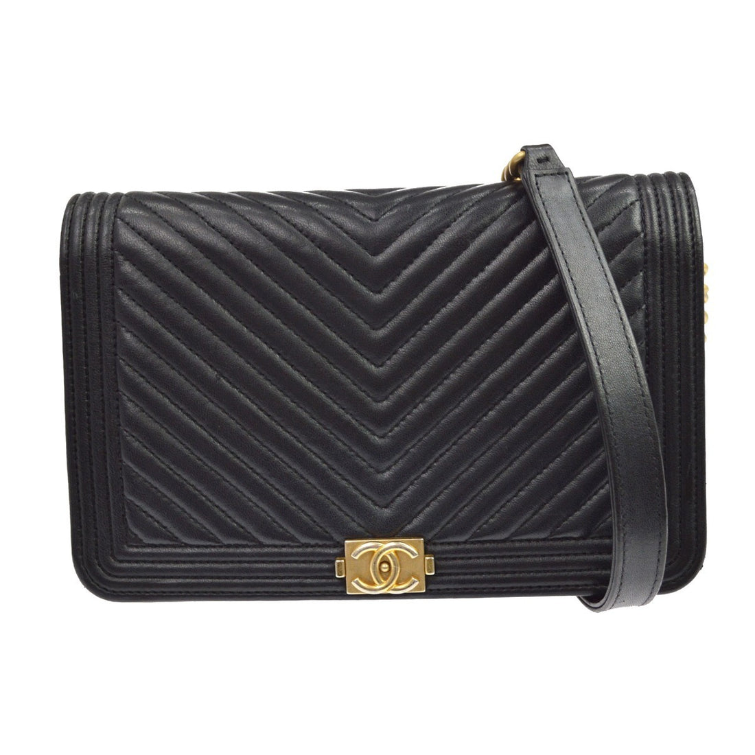Chanel Boy Wallet on Chain in Pelle di Agnello Chevron Nero Vintage