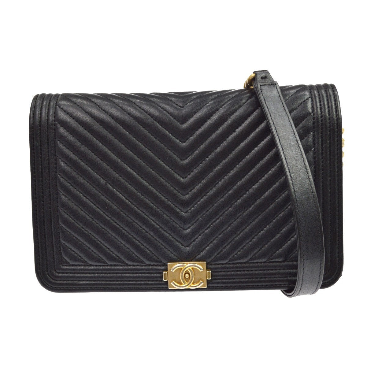 Chanel Boy Wallet on Chain in Pelle di Agnello Chevron Nero Vintage