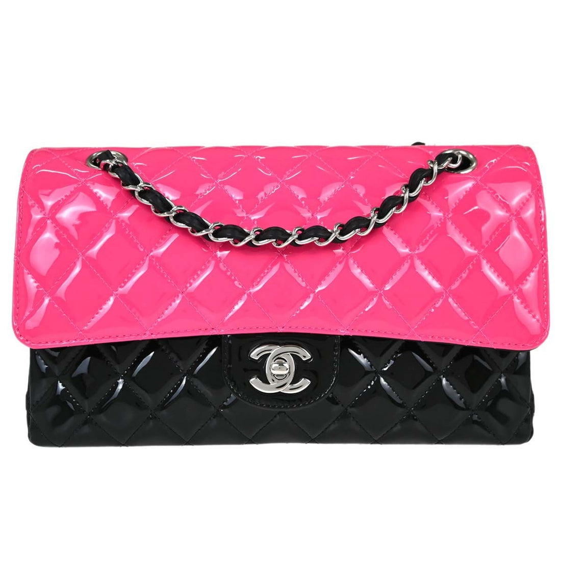Chanel Classic Double Flap Medium in Pelle Verniciata Nera e Rosa Vintage