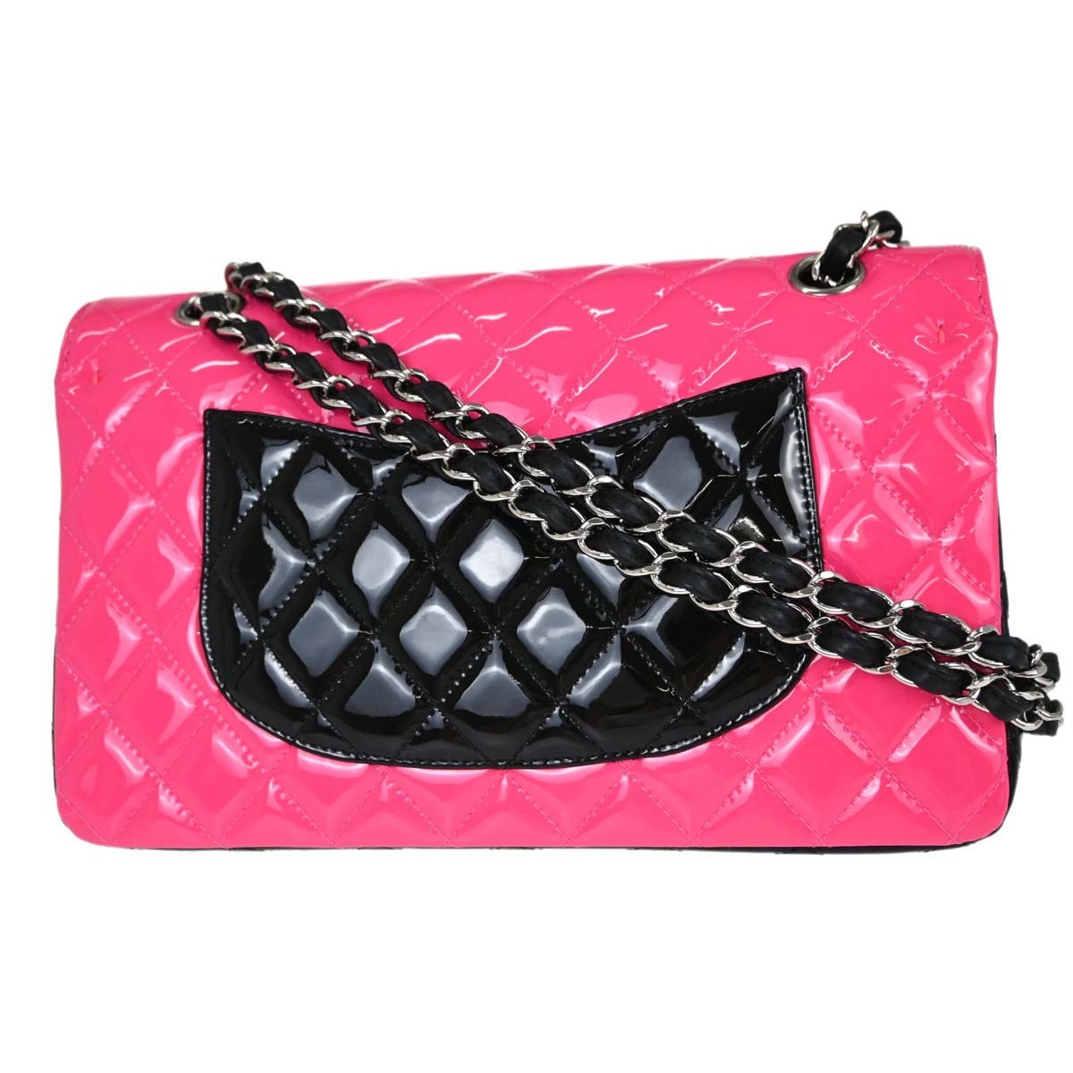 Chanel Classic Double Flap Medium in Pelle Verniciata Nera e Rosa Vintage – foto 2
