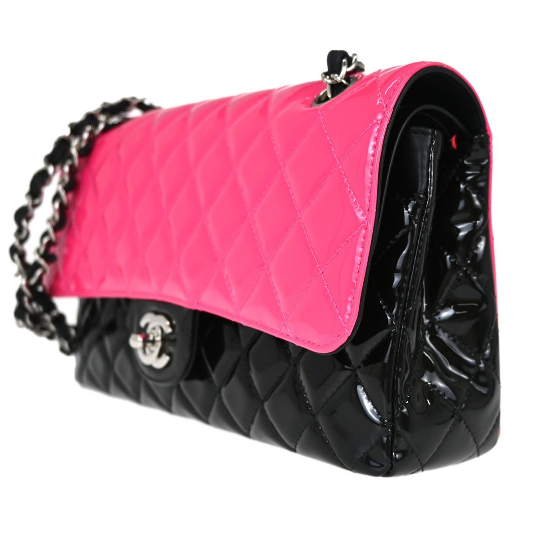 Chanel Classic Double Flap Medium in Pelle Verniciata Nera e Rosa Vintage
