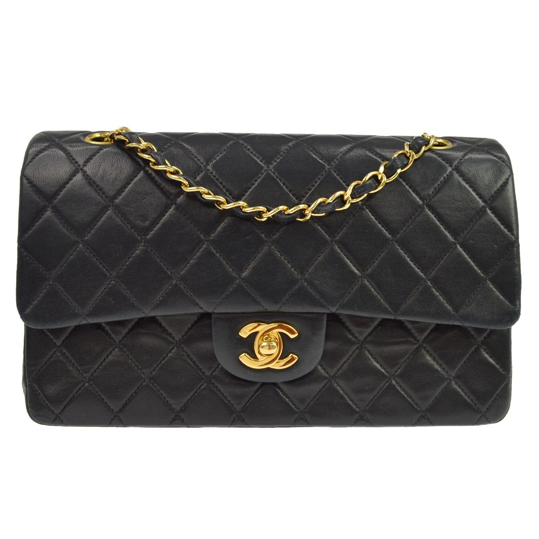 Chanel Flap a Spalla con Catena in Pelle di Agnello Nera Vintage