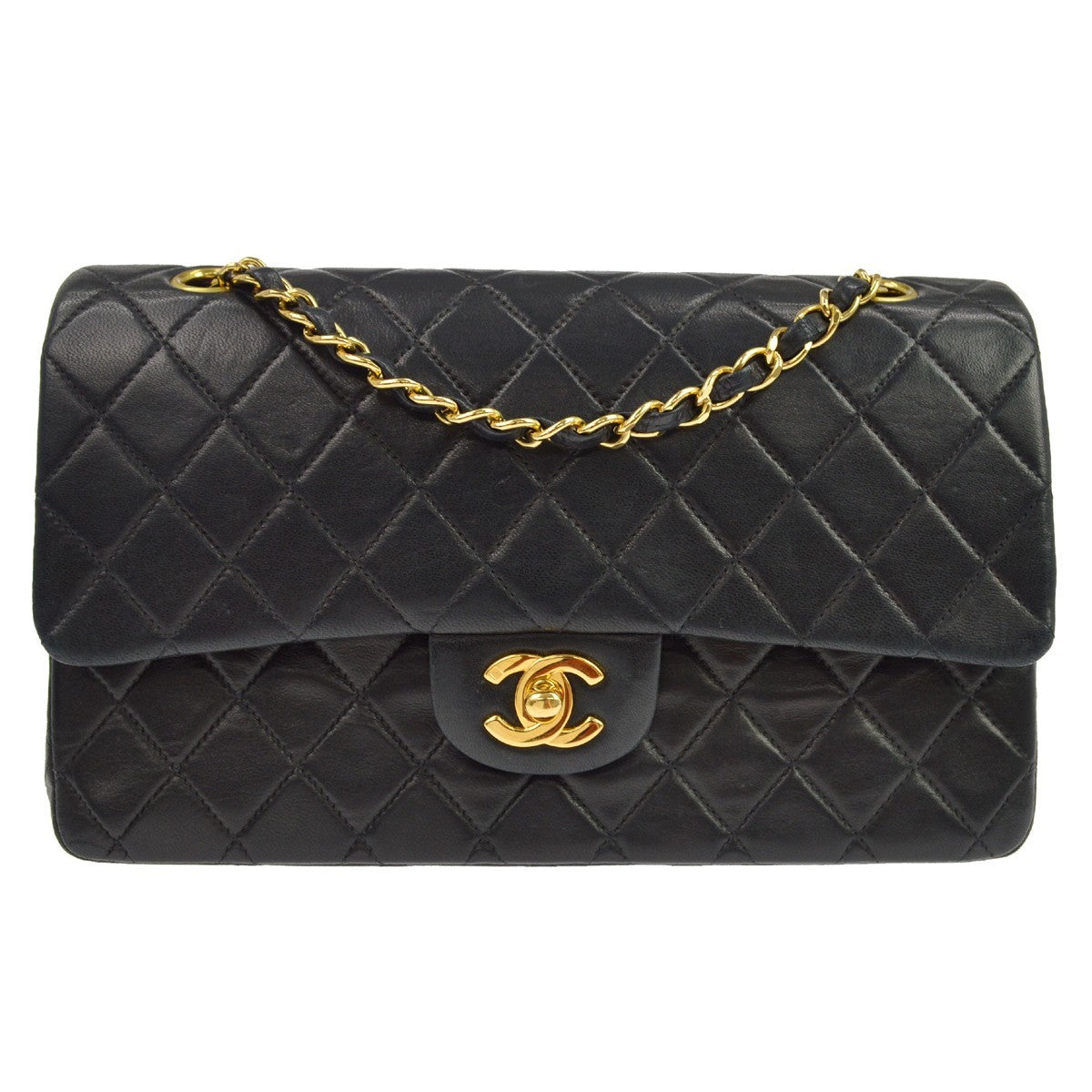Chanel Flap a Spalla con Catena in Pelle di Agnello Nera Vintage