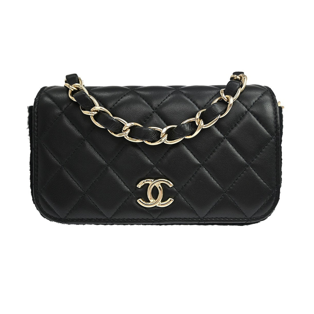 Chanel Phone Case con Catena in Pelle di Agnello Nero Vintage