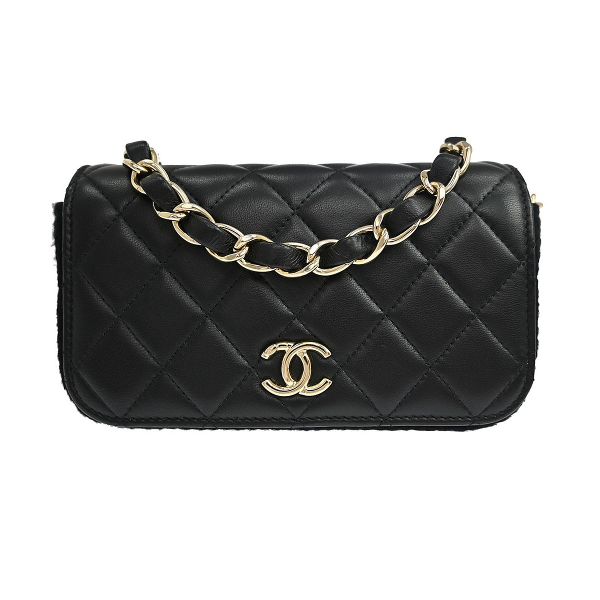 Chanel Phone Case con Catena in Pelle di Agnello Nero Vintage