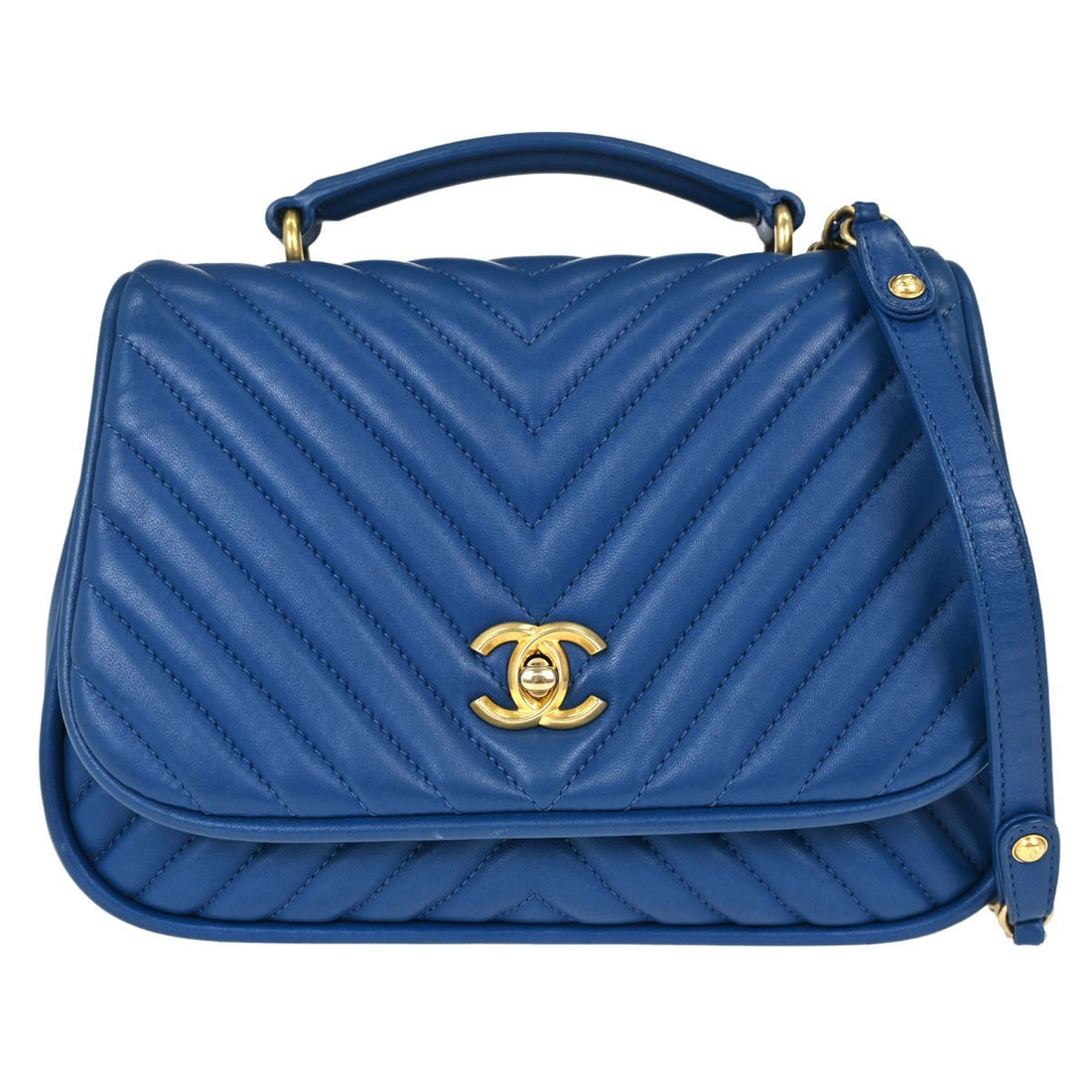 Chanel Top Handle Chevron 2way in Pelle di Agnello Blu Vintage