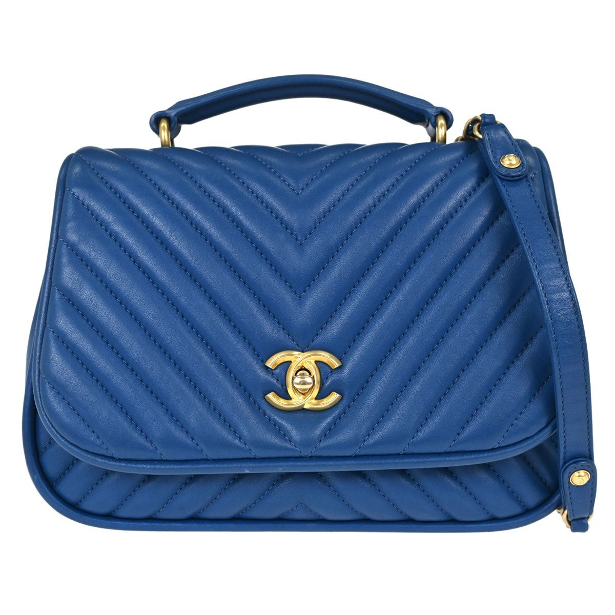 Chanel Top Handle Chevron 2way in Pelle di Agnello Blu Vintage