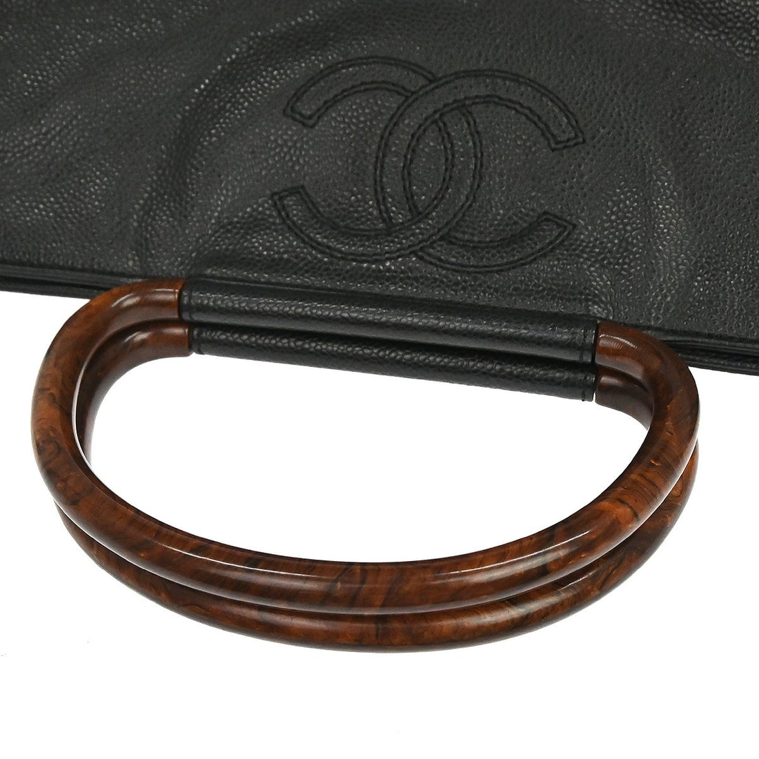 Chanel Wood Handle in Pelle di Vitello Nero Vintage