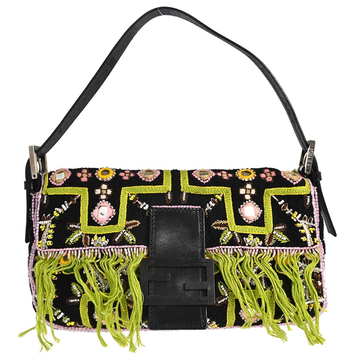 Fendi Baguette Ricamata con Frange in Tela Ricamata Nera Vintage