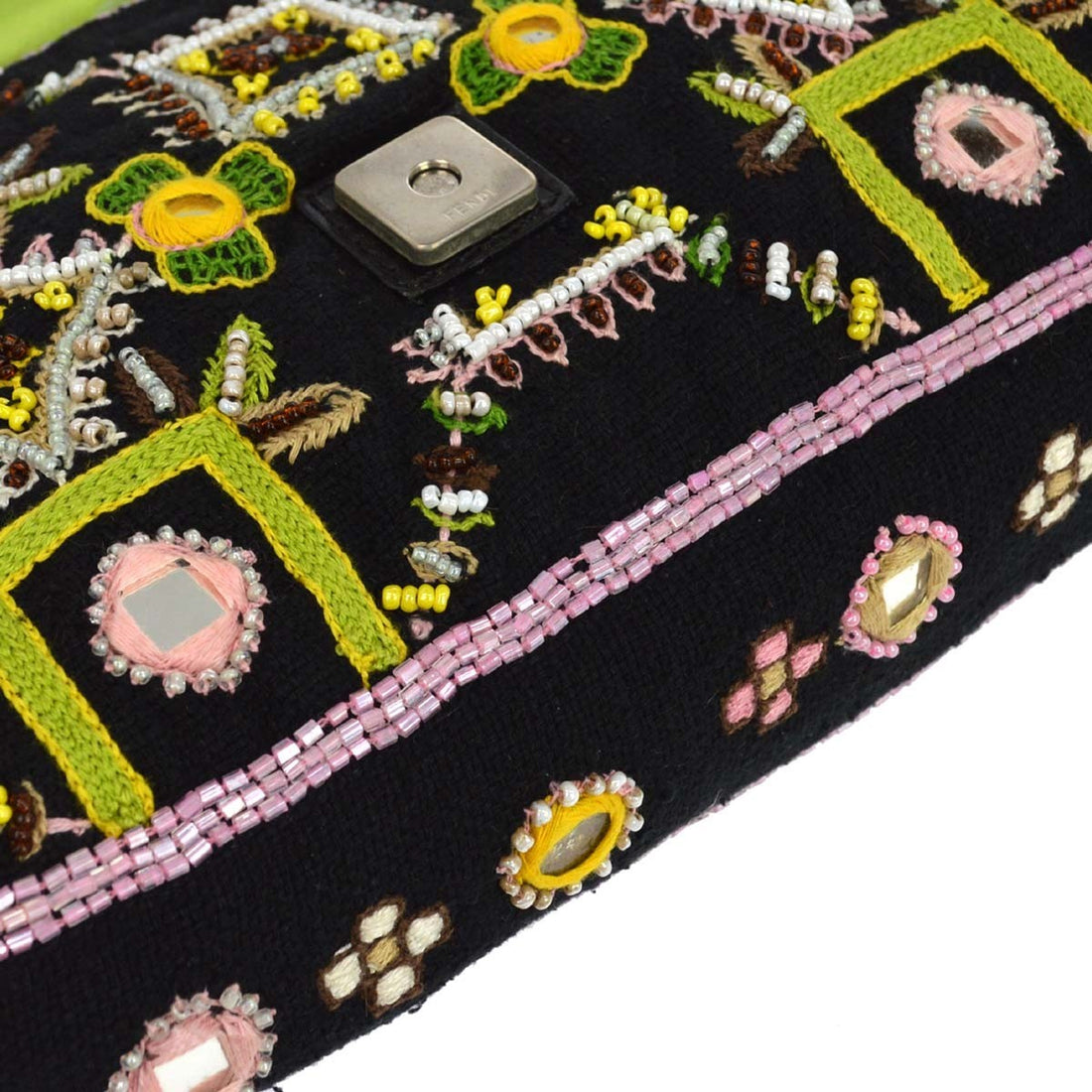 Fendi Baguette Ricamata con Frange in Tela Ricamata Nera Vintage