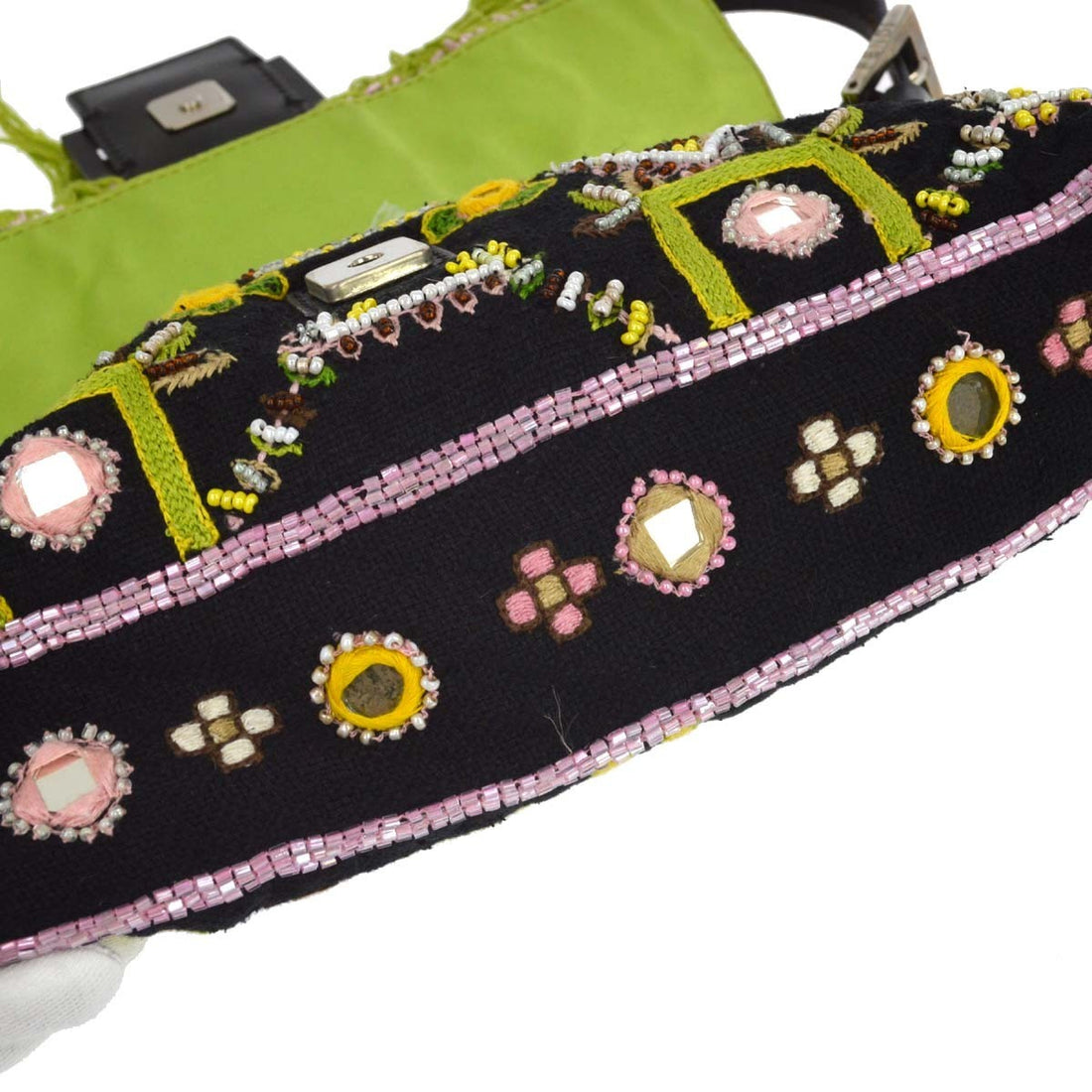 Fendi Baguette Ricamata con Frange in Tela Ricamata Nera Vintage