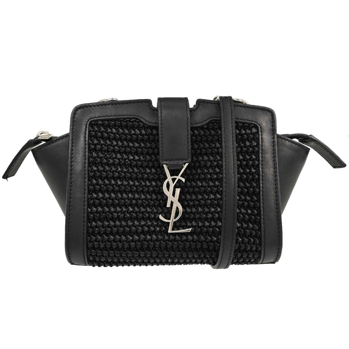 Saint Laurent Black Raffia Calfskin Toy Cabas Shoulder Bag
