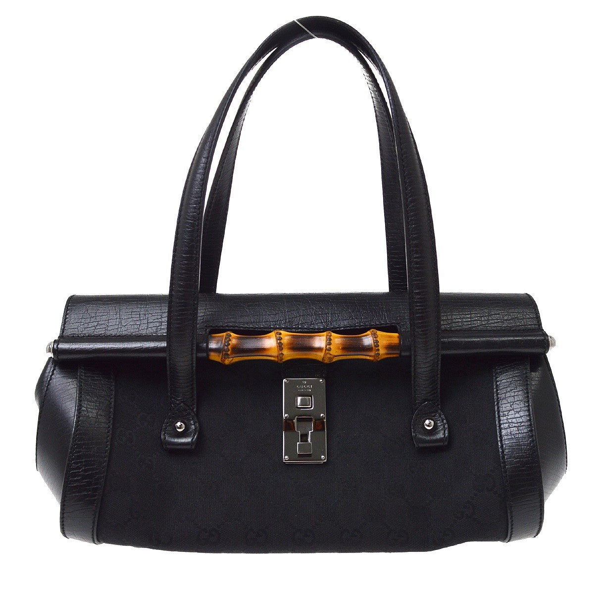 Gucci Black GG Canvas Bamboo Handbag